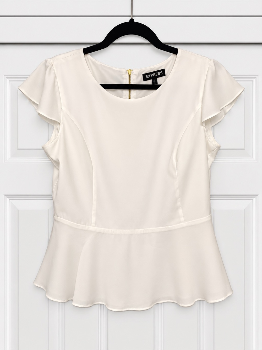 Express Women's Ivory Peplum Flutter Sleeve Blouse